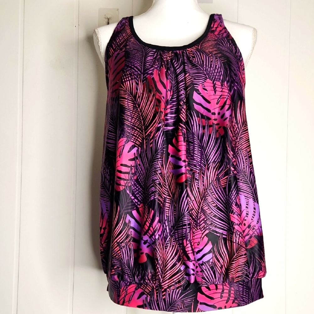 Pink And Purple Vibrant Tropical Hawaiiain Print Resort Swimsuit Top Tankini